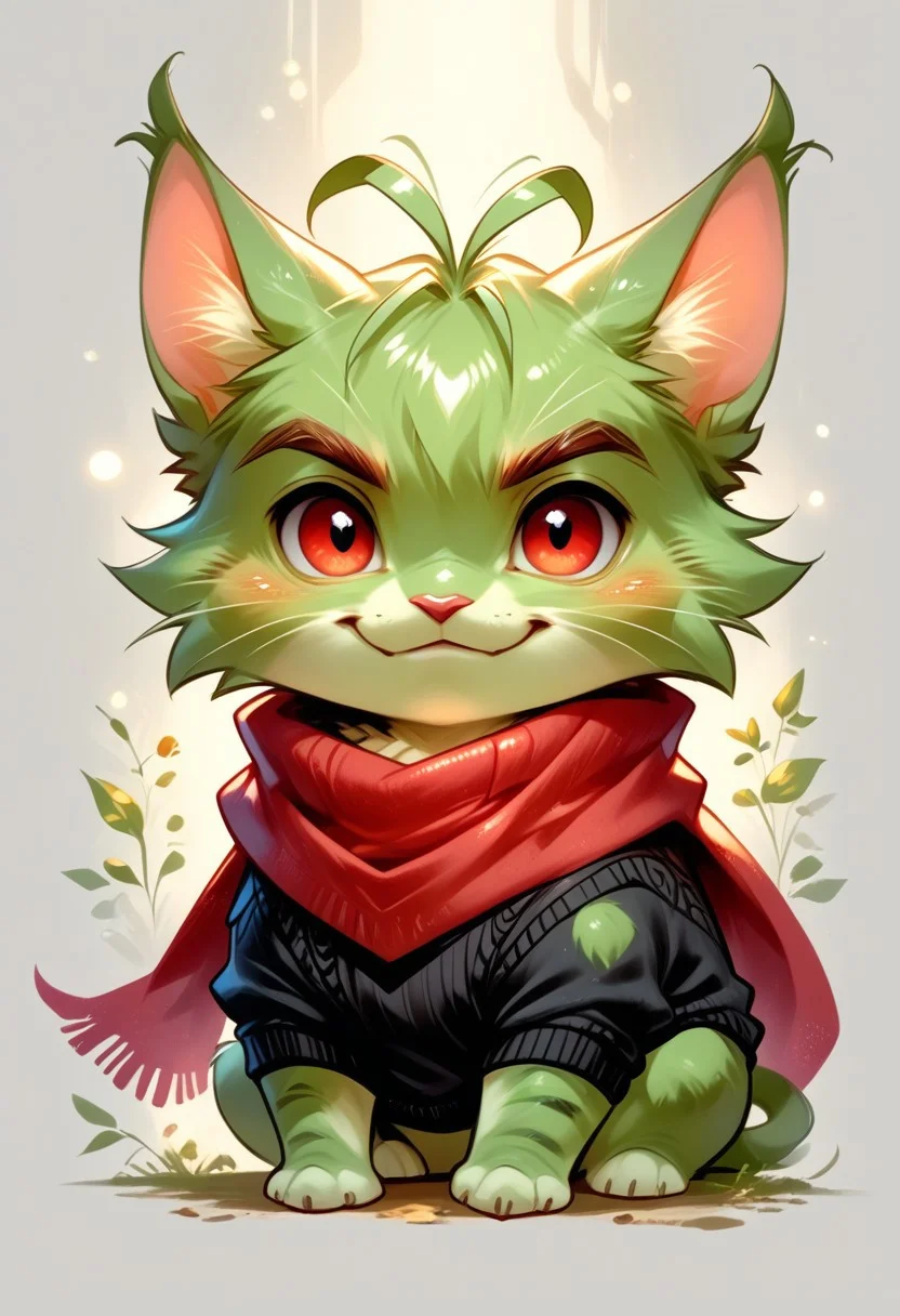 score_9, score_8_up, score_7_up, source_furry, solo, adorable cat, male, partial body, close view, black sweater, red scarf, arrogant (green fur, red eyes, antenna, chibi body:1.4), (indirect lighting, dynamic lighting:1.4), Simple background, (detailed image, high resolution, 5k resolution:1.0), (las lindas art style:0.90), (chibi Art Style:0.80)