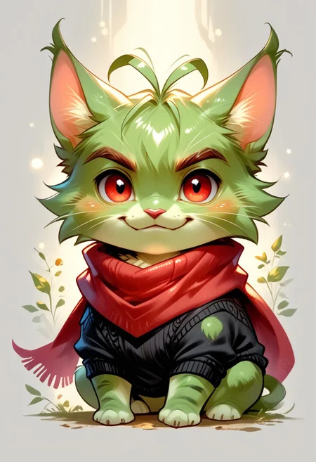score_9, score_8_up, score_7_up, source_furry, solo, adorable cat, male, partial body, close view, black sweater, red scarf, arrogant (green fur, red eyes, antenna, chibi body:1.4), (indirect lighting, dynamic lighting:1.4), Simple background, (detailed image, high resolution, 5k resolution:1.0), (las lindas art style:0.90), (chibi Art Style:0.80)