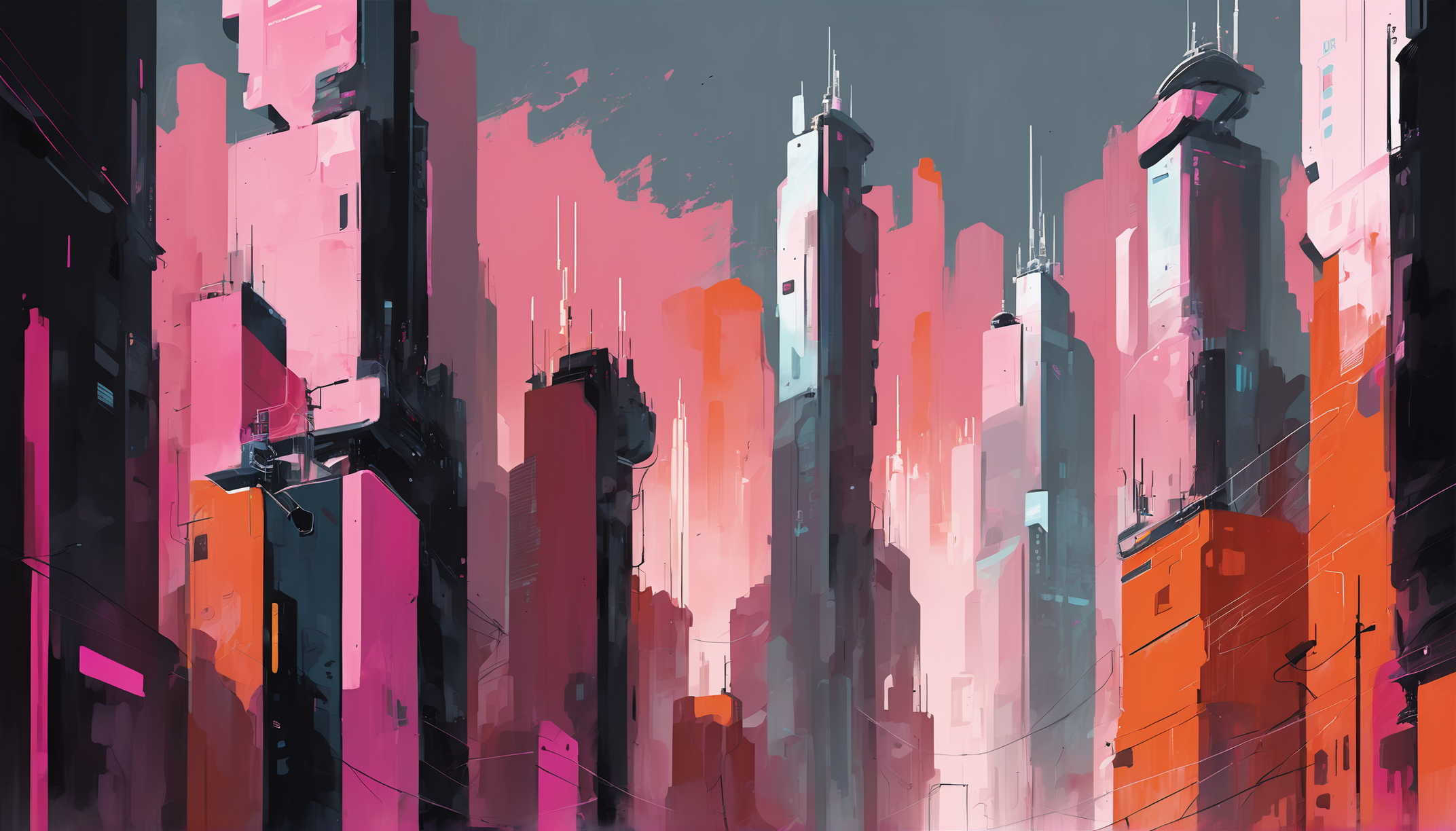 highly stylized sci-fi digital acrylic painting of a city, photoshop thick acrylic brushes, pastel pink and orange color scheme<lora:EnvySpeedPaintXL01v11:1>