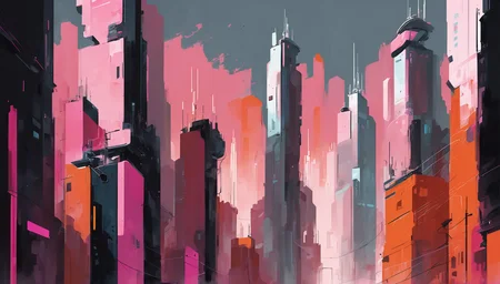 highly stylized sci-fi digital acrylic painting of a city, photoshop thick acrylic brushes, pastel pink and orange color scheme<lora:EnvySpeedPaintXL01v11:1>