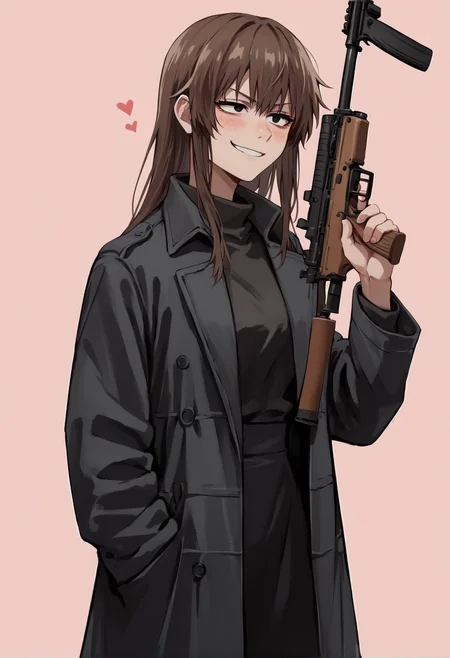 (score_9, score_8_up), score_7_up, score_6_up, score_5_up, zPDXL, <lora:Uguisu_Anko_XL_Pony_V2:1>, Uguisu Anko, best quality, 1girl, brown hair, long hair, black eyes, black sweater, black coat, ((ak-47, rifle, assault rifle, holding weapon)), pink background, smirk, looking away, blushing, hearts