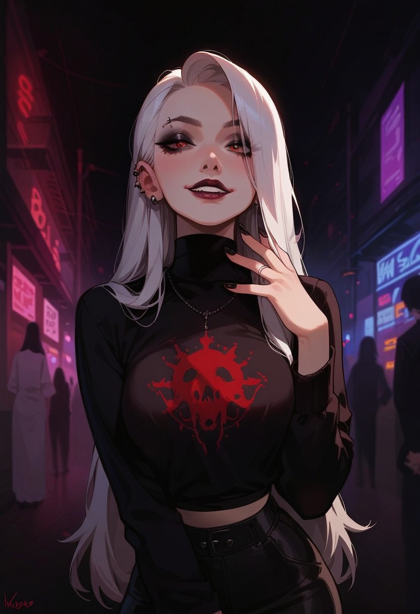 score_9, score_8_up, score_7_up, score_6_up, pretty woman, 21 year old, 1girl, very pale skin, white skin, goth girl, emo, eyeliner, eyeshadow, white hair, long hair, straight hair, happy, smile, pretty face, long hair, long sleeves, shirt, skirt, sexy pose, public, downtown city