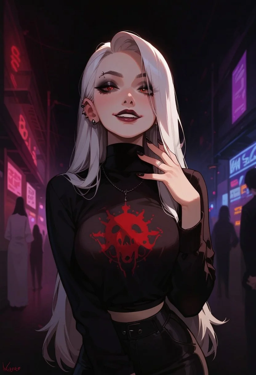 score_9, score_8_up, score_7_up, score_6_up, pretty woman, 21 year old, 1girl, very pale skin, white skin, goth girl, emo, eyeliner, eyeshadow, white hair, long hair, straight hair, happy, smile, pretty face, long hair, long sleeves, shirt, skirt, sexy pose, public, downtown city