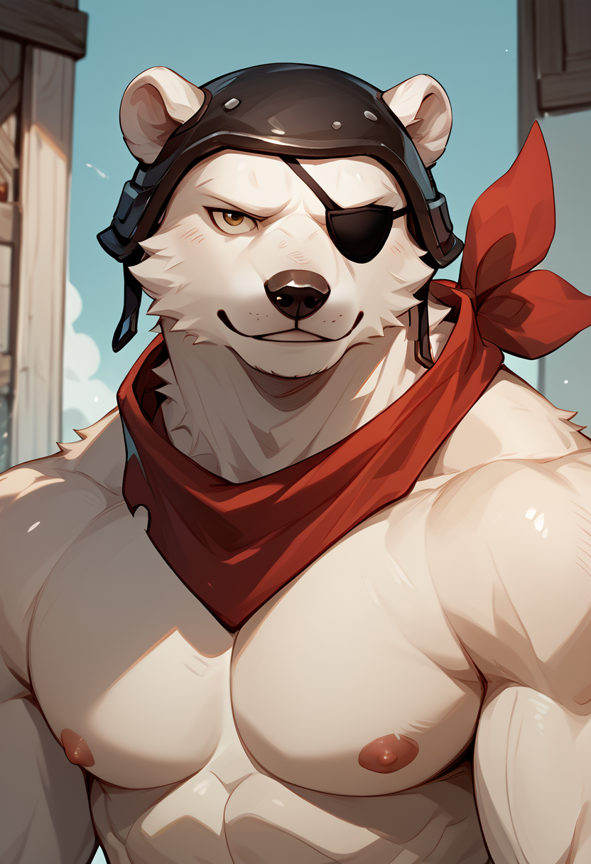 score_9, score_8_up, score_7_up, high res, best quality, p0l4r_p4tr011er, fortnite, <lora:Polar_Patroller_Fortnite:1>, <lora:add-detail-xl:1>, BREAK
furry, solo, 1boy, white body, muscular, eyepatch, seductive, topless, looking at viewer