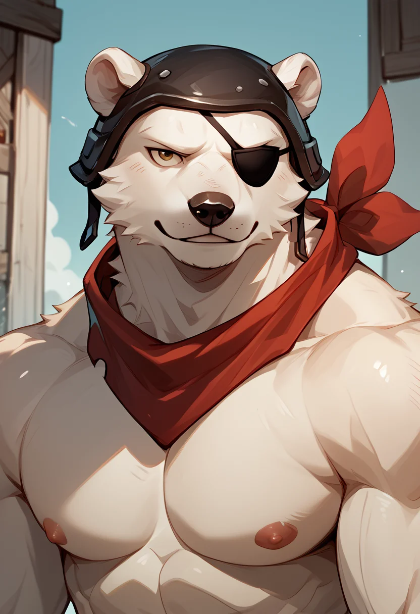 score_9, score_8_up, score_7_up, high res, best quality, p0l4r_p4tr011er, fortnite, <lora:Polar_Patroller_Fortnite:1>, <lora:add-detail-xl:1>, BREAK
furry, solo, 1boy, white body, muscular, eyepatch, seductive, topless, looking at viewer