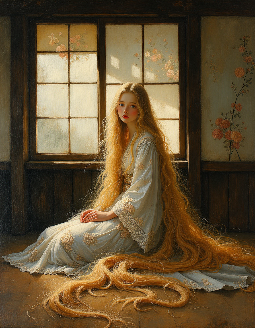 A serene Rapunzel with long, flowing a 70 foot long hair cascades around her body. She's gracefully seated inside an ancient Japanese house, wearing a beautifully intricate floral kimono. The traditional house has sliding shoji doors, tatami mats, and minimalistic decor that reflects the elegance and tranquility of old Japan. Soft natural light filters through the paper windows, casting a gentle glow on her serene face. She has blond hair, pure white skin, and blue eyes. 
Oil painting by John Singer Sargent. Focus on the Rapunzel, shadow and light, Masterpiece, intricate lines, intriguing atmosphere, sharp magnificent details, delicate features, elaborate details, (2\3 rule composition:0.5), ultra detailed, romantic, Rembrandt lighting, brush stroke, lovely, novuschroma, in the style of Rembrandt. vantablack <lora:style_of_Rembrandt_FLUX_135:.8> <lora:- Flux1 - vanta_black_V2.0:.3> <lora:113_novuschromaFLX_1:.2> <lora:Midjourney_Whisper_Minimal:.3> <lora:neeeg_f1:-1>