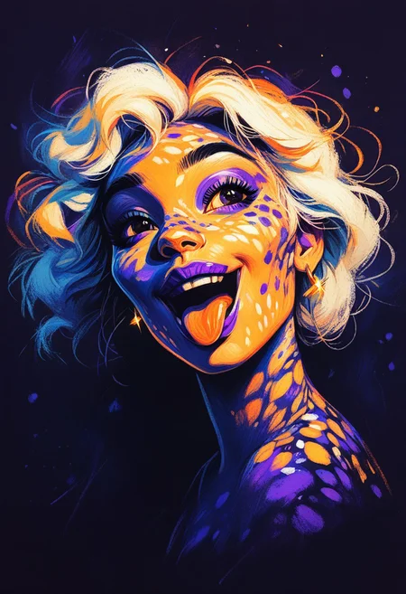score_9, score_8_up, score_7_up, score_6_up, 1girl, ((happy, happy face, open mouth)), tongue out, white hair, teenager, beautiful, dappled moonlight, purple lipstick, earrings, dark eyeliner, gold light shafts, dark purple background, portrait, cool color palette, s1_dram, ncpy13 style, pastels drawing