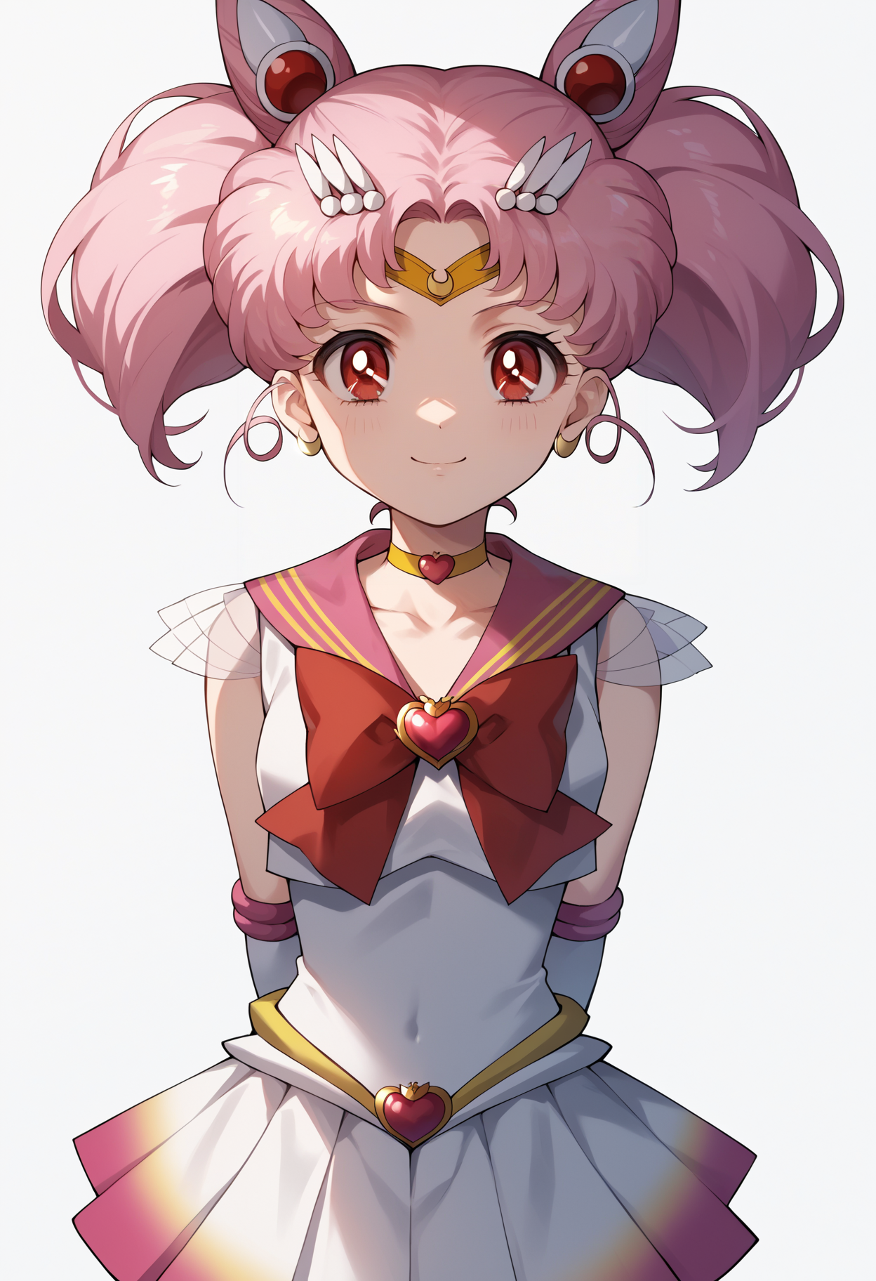 score_9, score_8_up, score_7_up, score_6_up, score_5_up, score_4_up, BREAK, source_anime,
1girl, chibiusa, pink hair, twintails, cone hair bun, double bun, red eyes, earrings, hair ornament, tiara,
red bow, heart brooch, choker, white elbow gloves, magical girl, multicolored clothes, multicolored pleated skirt, pink sailor collar, sailor senshi uniform,
hands behind back, smile, upper body, looking at viewer, solo, simple background, white background     <lora:ChibiusaXL:1>