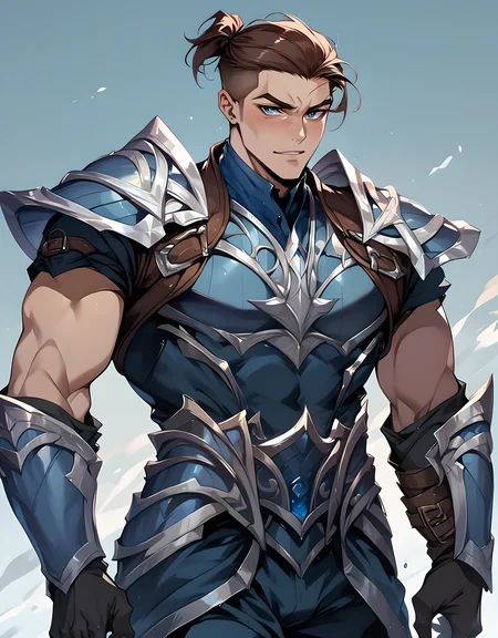 score_9, score_8, score_7, shen, <lora:Shen_def_v3:0.8>, sh3n, solo, 1boy, male focus, brown hair, short hair, short ponytail, blue eyes, zPDXL, cowboy shot, looking at viewer, muscular, vambraces, gloves, armor, shoulder armor, gauntlets, blue pants, <lora:luv:1>