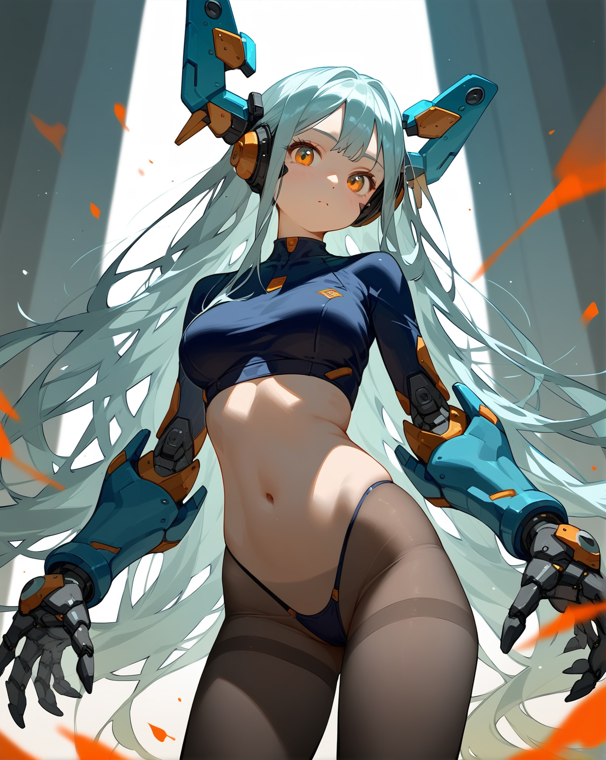 score_9, score_8_up, score_8. 18yo, solo, 1girl, , (petite, short, small,:1.3), young, large breasts, thong, long hair, wearing pantyhose and crop top. ultra realistic, cybergirl