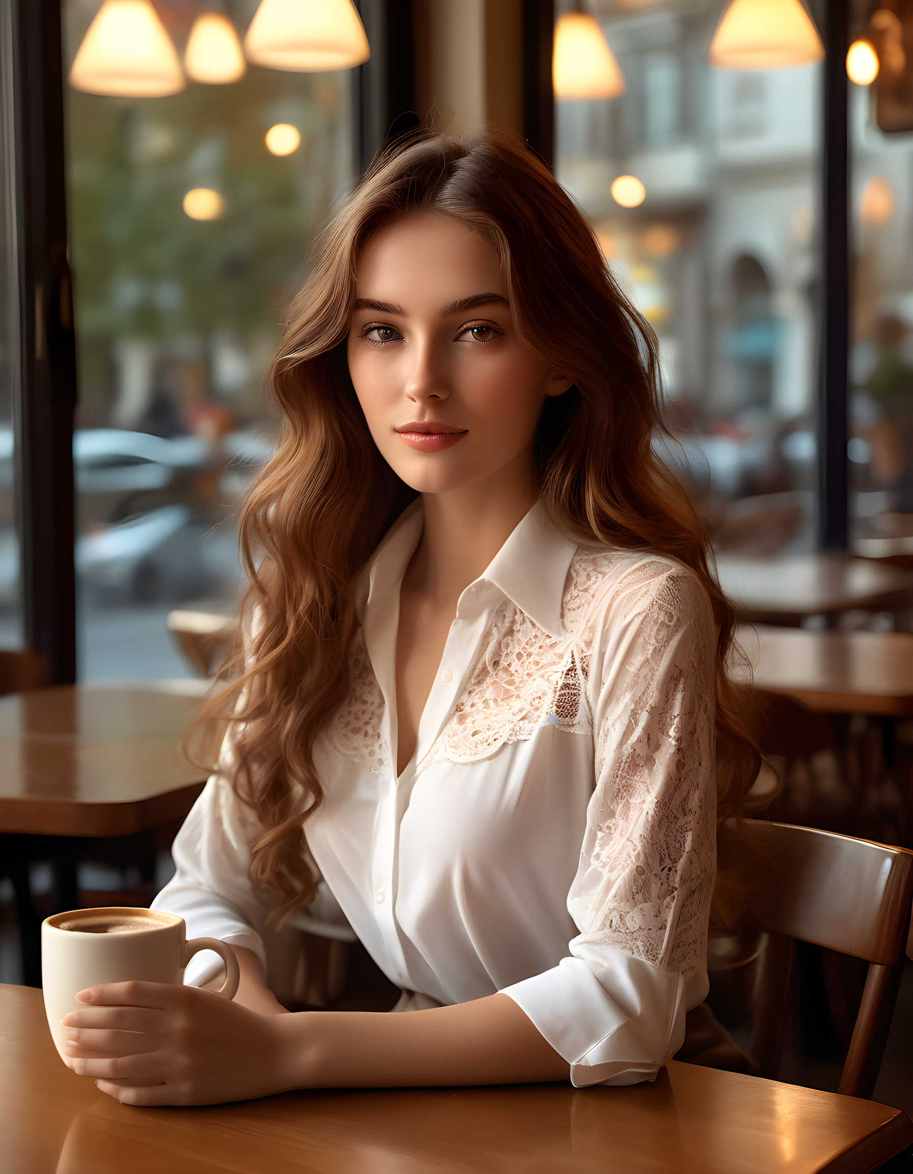 In a vibrant, late-afternoon café bathed in soft golden light streaming through the large, floor-to-ceiling windows, a stunning woman named N4NCYJMM with long, wavy chestnut hair and expressive brown eyes captivates the viewer's attention. She wears a simple yet elegant white shirt adorned with delicate lace detailing at the neckline. Her lips are slightly parted as if ready to share a secret, exuding an air of both mystery and allure. Seated alone at a small round table, she gazes intently into the camera, her gaze piercing through the image, creating an intimate connection between herself and the viewer. The background is a tasteful blend of subtle café details, such as the steam rising from a distant cup of coffee and the warm wooden tones of the furniture, all serving to further emphasize N4NCYJMM's captivating presence in this captivating portrait.