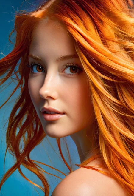 A hyper-realistic portrait of a young woman, focusing on her upper body, with vibrant orange hair cascading down her shoulders, and warm light brown eyes that seem to mesmerize, set against a soft, gradient blue background that subtly complements her striking features, with delicate, golden lighting accentuating the contours of her face and the flow of her hair, in the style of a detailed, digital painting with an ultra-detailed texture, capturing the essence of her presence with precision and depth.