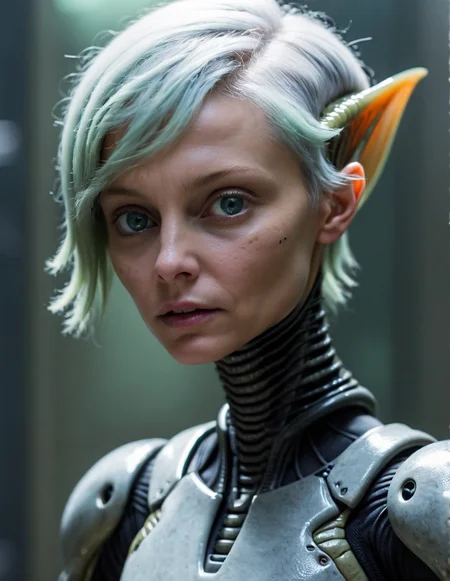alien species A mysterious close-up of a woman with platinum blonde hair styled in a pixie cut, her sharp features and cool grey eyes shaded in deep shadows, her expression unreadable as she looks off to the side. <lora:alien-species:1.3>