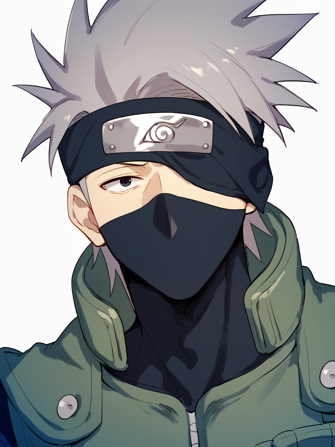 score_9, score_8_up, score_7_up, BREAK, source_anime,
1boy, kakashi, grey hair, covered mouth, forehead protector, konohagakure symbol, mature,  green vest,
upper body, looking at viewer, solo, simple background, white background   <lora:KakashiXLf:1>