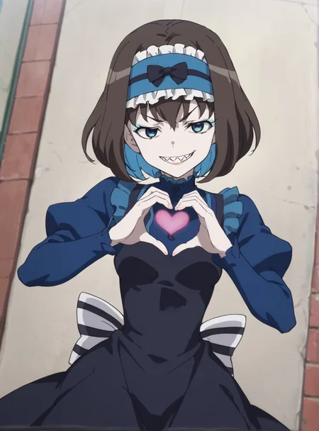 score_9, score_8_up, score_7_up, score_6_up, score_5_up, score_4_up, source_anime,anime screencap, <lora:GarieSymphogear:0.8>garietuman, solo, short hair, black hair, blue hair, hairband, two-tone hair, blue eyes, dress, long sleeves, pale skin, sharp teeth, puffy sleeves, , makeup , partially shaded face, evil grin, heart hands,