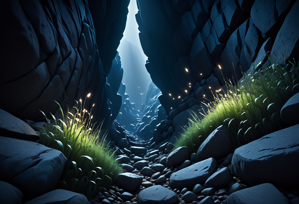 Climbing a rocky mountain with loose rocks tumbling around you, Descending into a dark cave illuminated by faint bioluminescent lights, Hiding in tall grass as a predator prowls nearby, Robert Richardson, Greig Fraser, Andrew Lesnie, Narrative-driven, Motion blur, Sweeping angles, Dramatic, Surreal, Light, Striking contrasts, Gloomy, Depth of field, Soft focus masterpiece, best quality, absurd resolution, in the style of first person perspective,  <lora:artfullyHW1P:1> arthw1p, scenery, no humans,