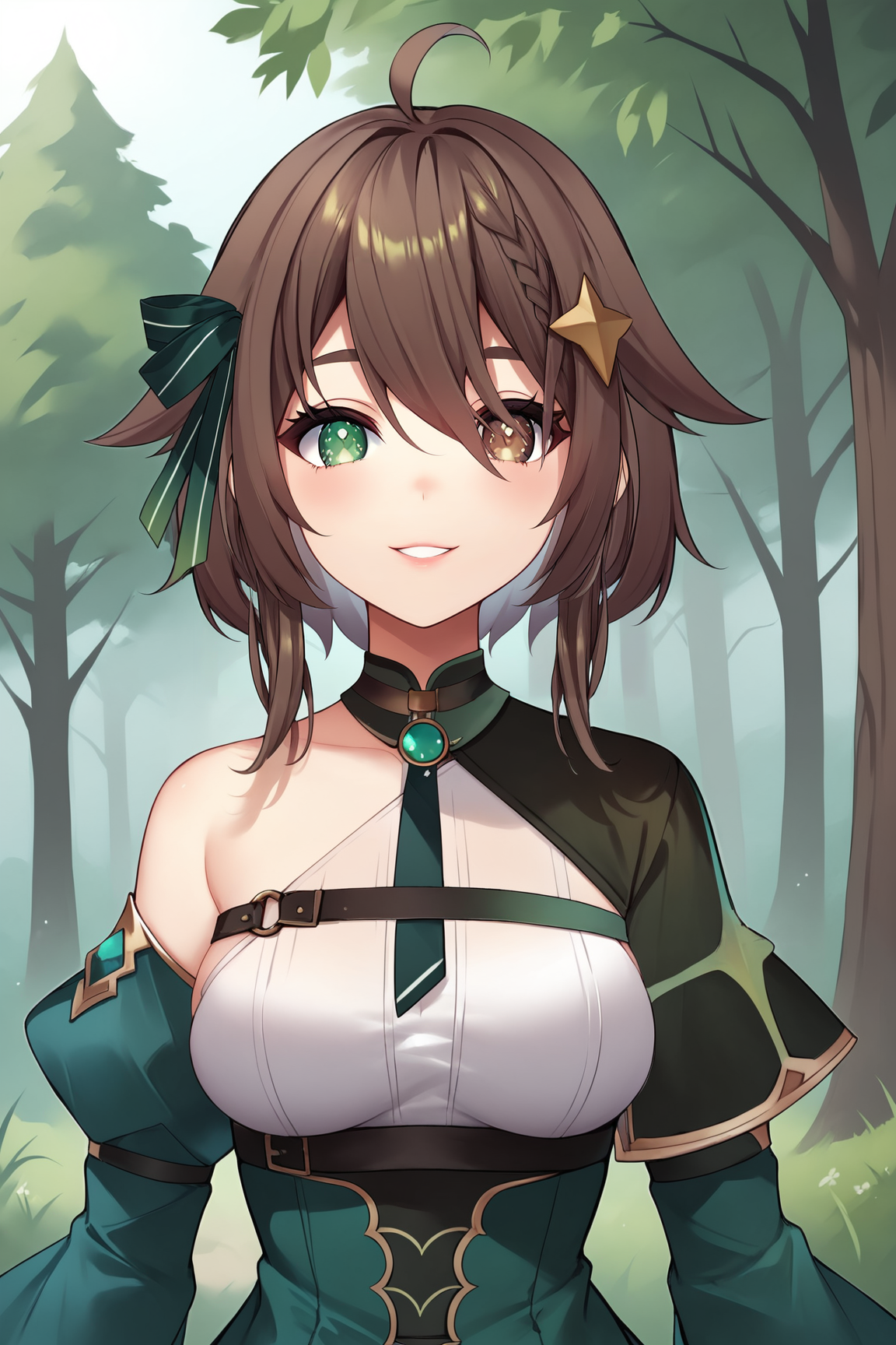 score_9, score_8_up, score_7_up, score_6_up, BREAK, Meica05VTXLv2, heterochromia, green eyes, (brown eye), brown hair, short hair, hair ornament, hair between eyes, braid, ahoge, ribbon hair, green ribbon, medium breasts, green necktie, off shoulder, green dress, long sleeves, wide sleeves, black shorts, solo, front view, (portrait, upper body), solo focus, seductive smile, looking at viewer, forest, tree  <lora:Meica05VTXLv2:0.8>