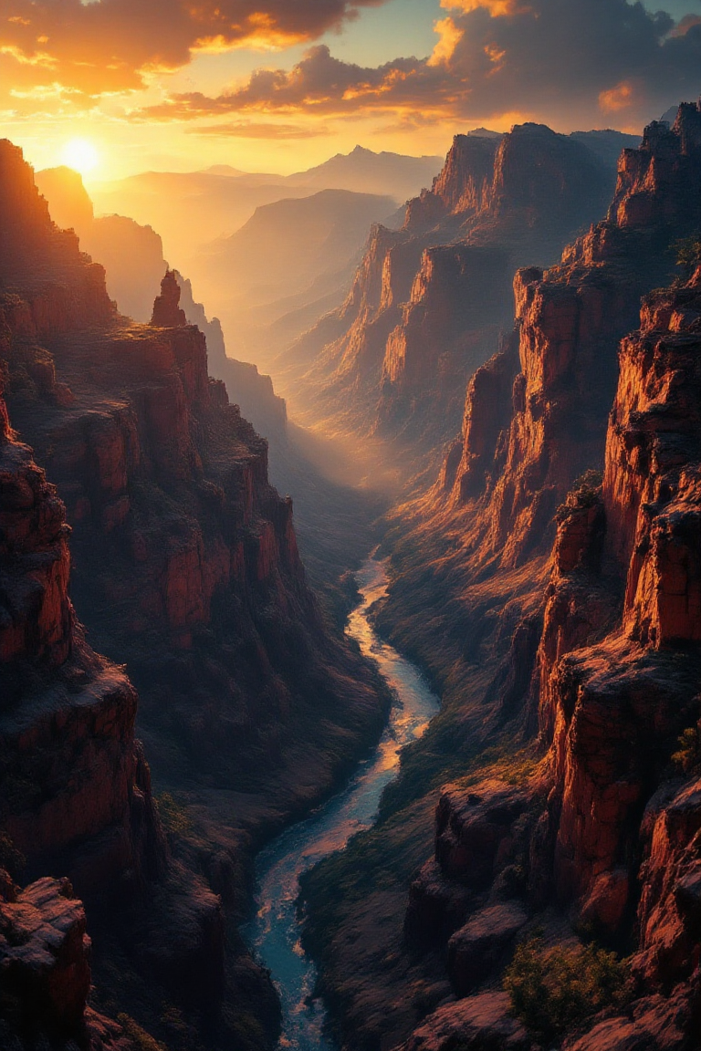 Spooky Art Drawing.  aidmafluxpro1.1. Panoramic view of the Grand Canyon at sunrise, with the warm golden light casting a dramatic glow on the rugged terrain. The Colorado River winds its way through the valley below, a tiny ribbon of blue against the vast expanse of rust-red rock formations. A delicate mist shrouds the canyon, adding an air of mystery to this breathtaking scene.