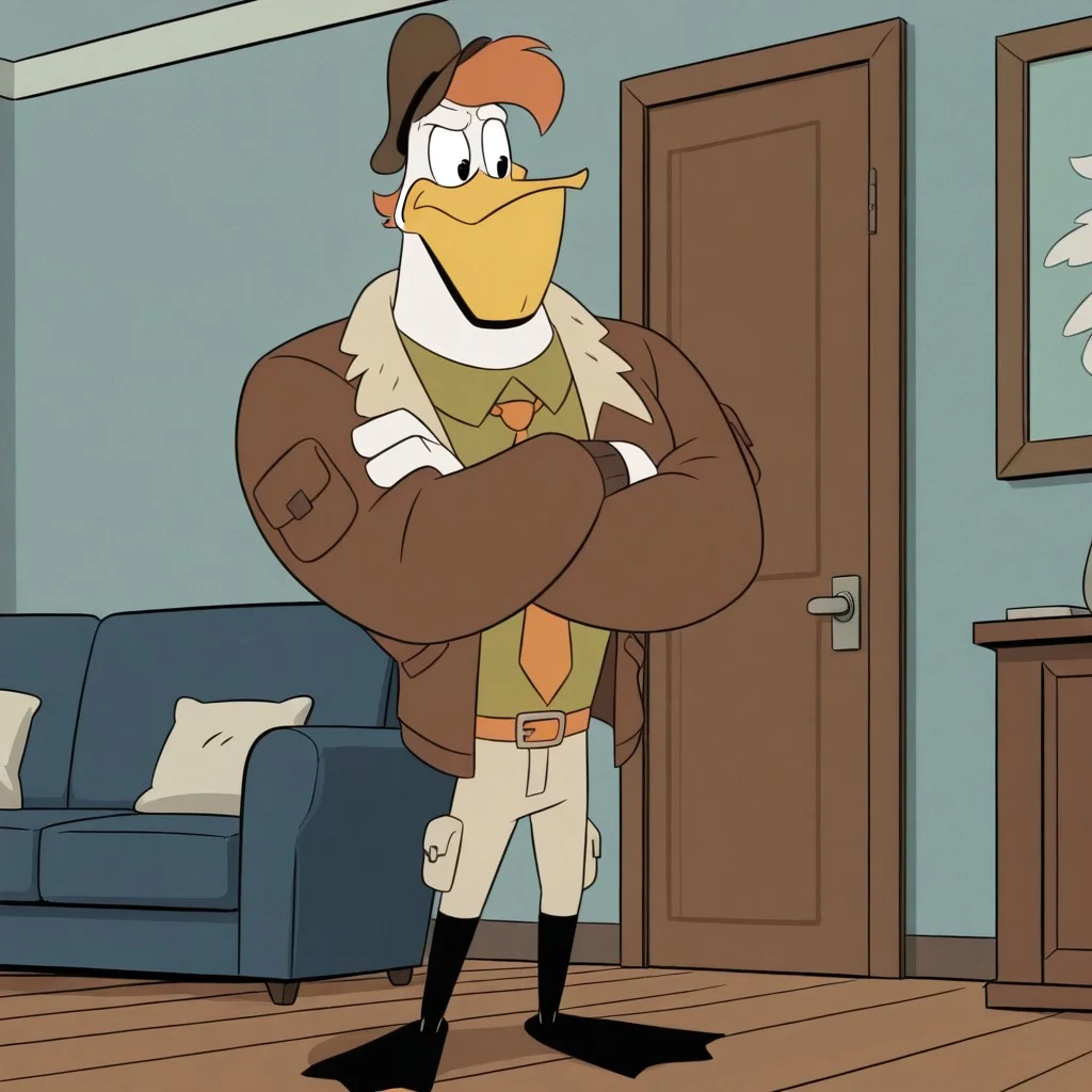 masterpiece, best quality, amazing quality, official style, l4unchmcqu4ck, male, furry male, anthro, solo, duck, white body, brown hair, short hair, black eyes, yellow beak, webbed feet, yellow feet, muscular, brown hat, brown jacket, green shirt, orange tie, belt, tan pants, (black shoes), standing, crossed arms, upset, indoors, living room