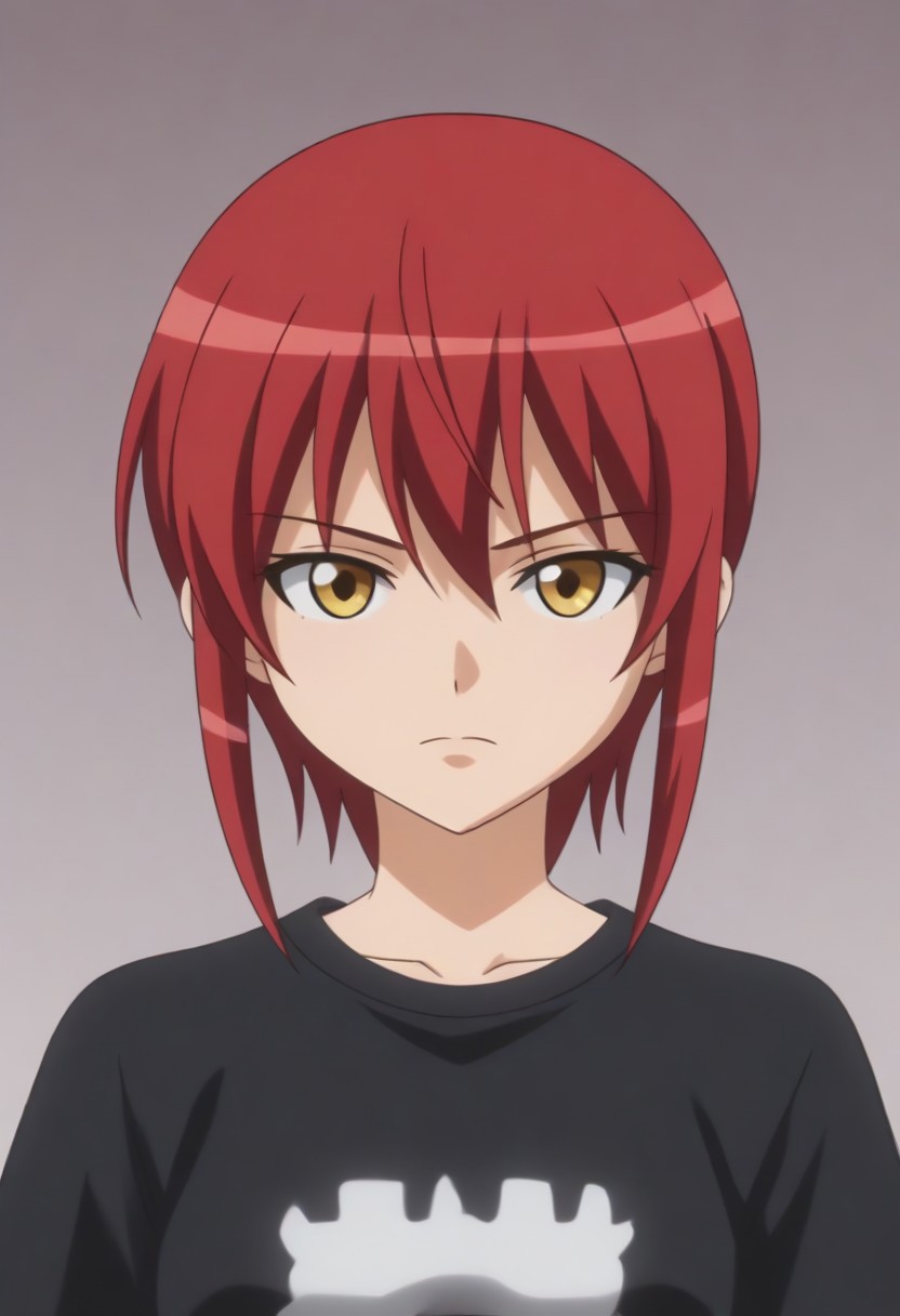 source_anime, anime screencap, source_anime, auratheguillotine, anime screencap, masterpiece, source_anime, shiny skin,,,,,,black t-shirt,1girl, solo, rza, red hair, yellow eyes,