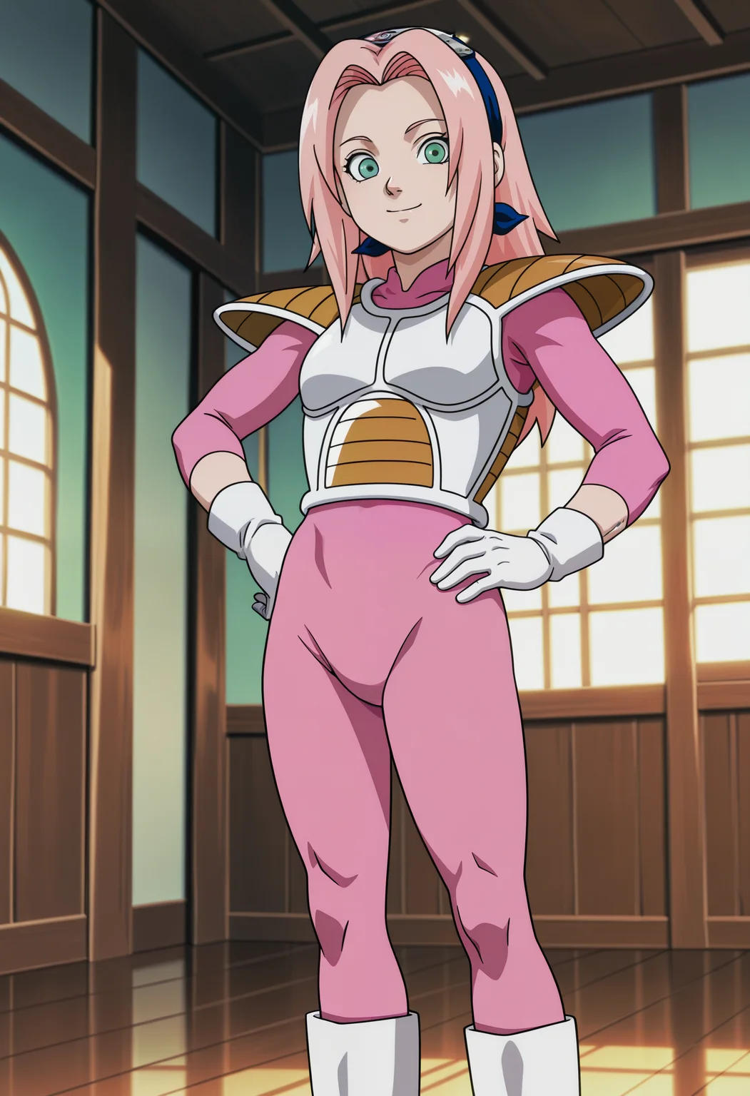 1girl, Haruno Sakura, pink hair, long hair, green eyes, white saiyan armor, shoulder pad, pink bodysuit, white gloves, white boots, looking at viewer, smile, hand on hip, toned, indoors, anime coloring, best quality, very aesthetic, masterpiece,