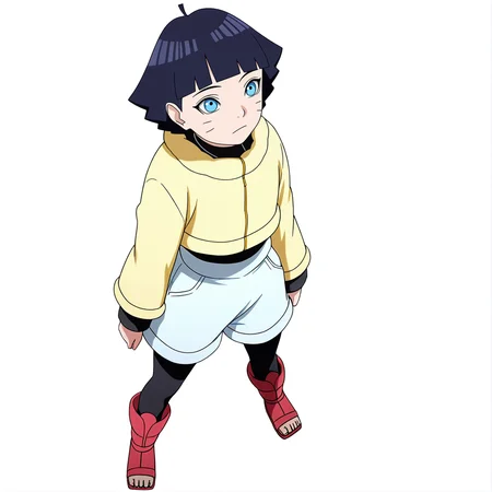 sharp focus, pixiv masterpiece, score_9, score_8_up, source_anime, score_7_up, best quality, highres, absurdres, BREAK
<lora:Himawari_Uzumaki_IL_v36:1>, uzumaki_himawari_shinobi_il, 1girl, solo, blue_eyes, dark-blue_hair, short_hair, yellow_jacket, grey_shorts, black_leggings, (long_open-toe_boots:1.1), ahoge, full body, standing, white background, simple background, from above