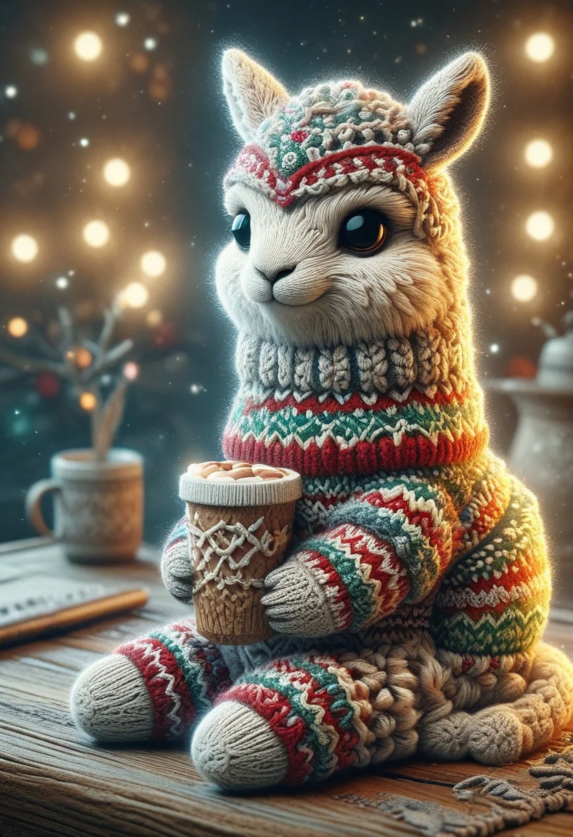 masterpiece, best quality, Ray tracing, hdr, volumetric lighting, highres, detailed background, christmassweater,Highly detailed Dynamic shot of majestic adorable llama, high quality, beautiful masterpiece, kawaii, digital art, glowing sparkles, holding hot chocolate between paws, marshmallows on hot chocolate, outdoor background