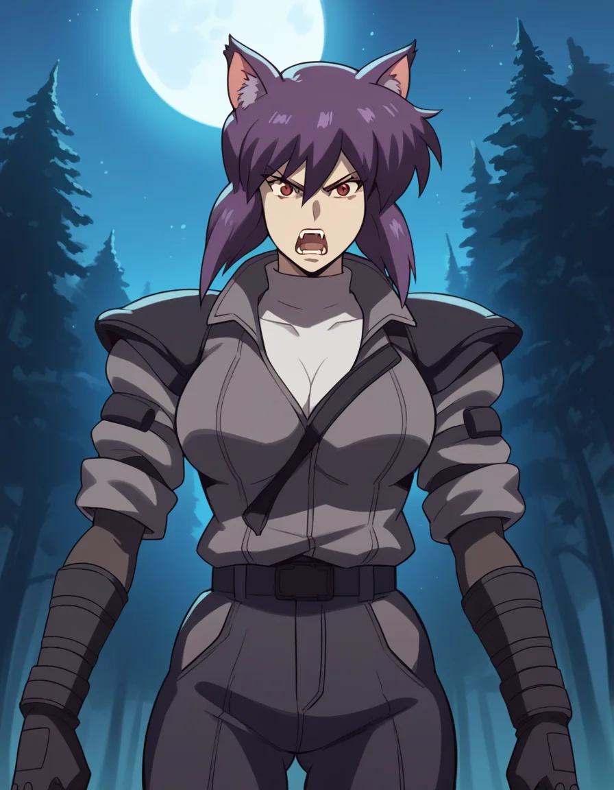 score_9, score_8_up, score_7_up, source_anime, <lora:motoko-kusanagi-s2-ponyxl-lora-nochekaiser:1>, motoko kusanagi, kusanagi motoko, short hair, large breasts, red eyes, purple hair,, <lora:werewolf-ponyxl-lora-nochekaiser:1>, werewolf, furry, fangs, animal ears, gloves, angry, teeth, animal ear fluff,, forest, night, moon, open mouth, , dutch angle, cowboy shot