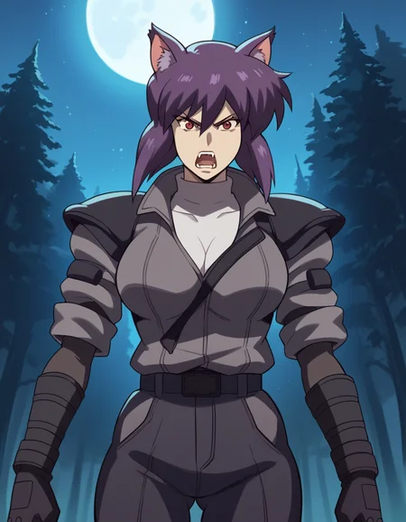 score_9, score_8_up, score_7_up, source_anime, <lora:motoko-kusanagi-s2-ponyxl-lora-nochekaiser:1>, motoko kusanagi, kusanagi motoko, short hair, large breasts, red eyes, purple hair,, <lora:werewolf-ponyxl-lora-nochekaiser:1>, werewolf, furry, fangs, animal ears, gloves, angry, teeth, animal ear fluff,, forest, night, moon, open mouth, , dutch angle, cowboy shot