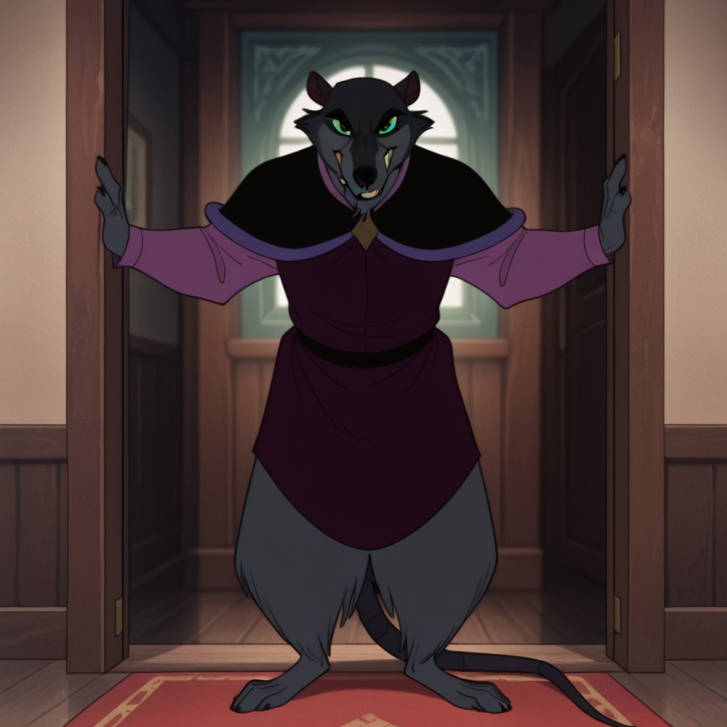 masterpiece, best quality, amazing quality, jennertsonIL, semi-anthro, male, rat, grey fur, green sclera, green eyes,  red sleeveless tunic over a purple long-sleeve shirt, black capelet purple trim, black belt, inside, solo, looking at viewer, full body, <lora:bd6979f3-8cf4-402d-8ae4-e073872d4bc0:1.0>