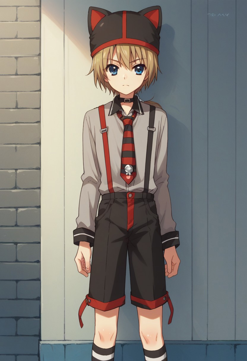 score_9, score_8_up, score_7_up, source_anime, highly detailed, 
 jironezu, 1boy, male focus, solo, blue eyes, hat, shorts, suspenders,
blonde hair, necktie, striped, socks,  looking at viewer, striped socks, animal hat, ponytail
outdoor,