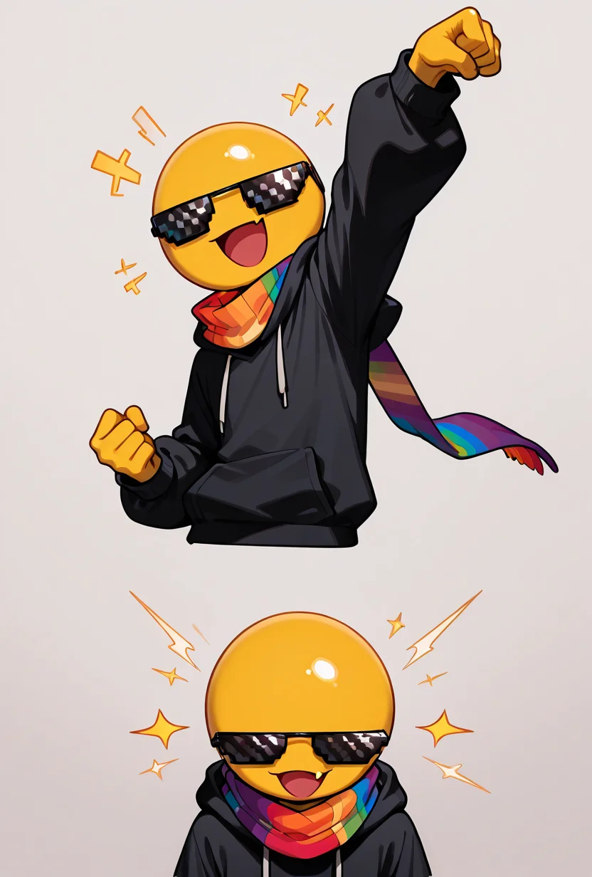 <lora:xmattar-10:1> xmattar, open mouth, rainbow scarf, , solo, smile, pixel sunglasses, 1boy,black hoodie, yellow skin, circular head,dynamic pose, action pose, angry sunglasses, expressive sunglasses,, masterpiece, best quality, amazing quality, very aesthetic, absurdres, newest,