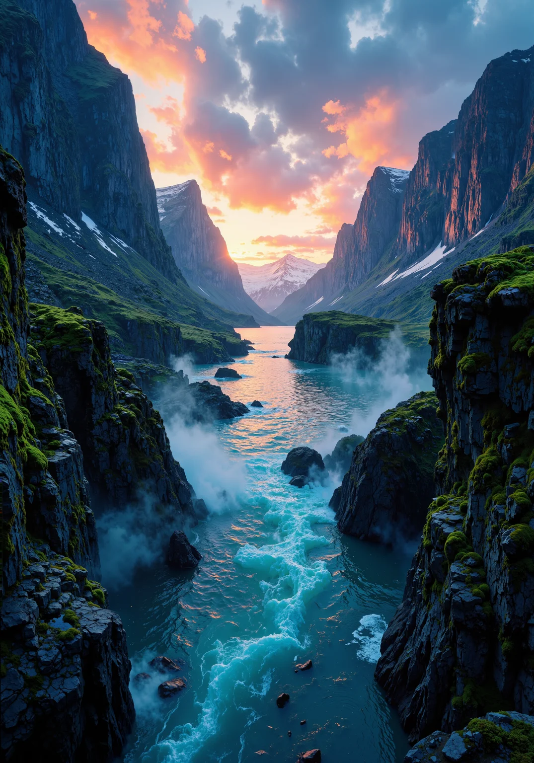 Sweeping aerial view, glacial fjord framed by steep, craggy cliffs; luminous twilight reflections on rippling water; intricate rocky textures, ancient moss-draped stone formations; dramatic low-angle perspective, atmospheric mist blending with a celestial sky; vibrant interplay of cool blues and fiery gold hues; ultra-detailed, 8K masterpiece quality; epic spatial composition, cinematic lighting enhancing the serene, raw natural grandeur; timeless landscape, visceral textures, emotive environmental ambiance, dynamic interplay of shadow and light. <lora:飿 ¼å-è¶
ç°å®:0.2> <lora:Classic_Anime_Colors:0.7> <lora:flux_dev:1>