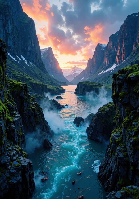 Sweeping aerial view, glacial fjord framed by steep, craggy cliffs; luminous twilight reflections on rippling water; intricate rocky textures, ancient moss-draped stone formations; dramatic low-angle perspective, atmospheric mist blending with a celestial sky; vibrant interplay of cool blues and fiery gold hues; ultra-detailed, 8K masterpiece quality; epic spatial composition, cinematic lighting enhancing the serene, raw natural grandeur; timeless landscape, visceral textures, emotive environmental ambiance, dynamic interplay of shadow and light. <lora:飿 ¼å-è¶
ç°å®:0.2> <lora:Classic_Anime_Colors:0.7> <lora:flux_dev:1>