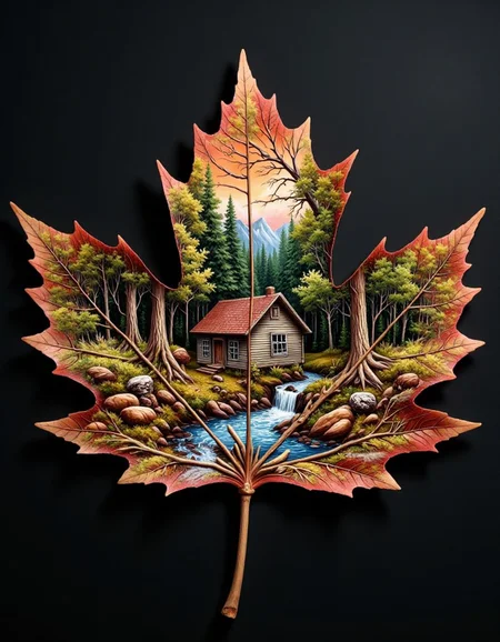 double-exposure. This is a photograph of a leaf, likely from a maple tree, which has been carefully painted to depict a serene, picturesque landscape. The leaf, with its characteristic veined texture, is the central focus. The painting on the leaf features a charming, detailed scene of a rustic cabin nestled in a lush forest. The cabin, with a red roof and white walls, stands amidst vibrant green foliage, with a winding stream flowing through the foreground.