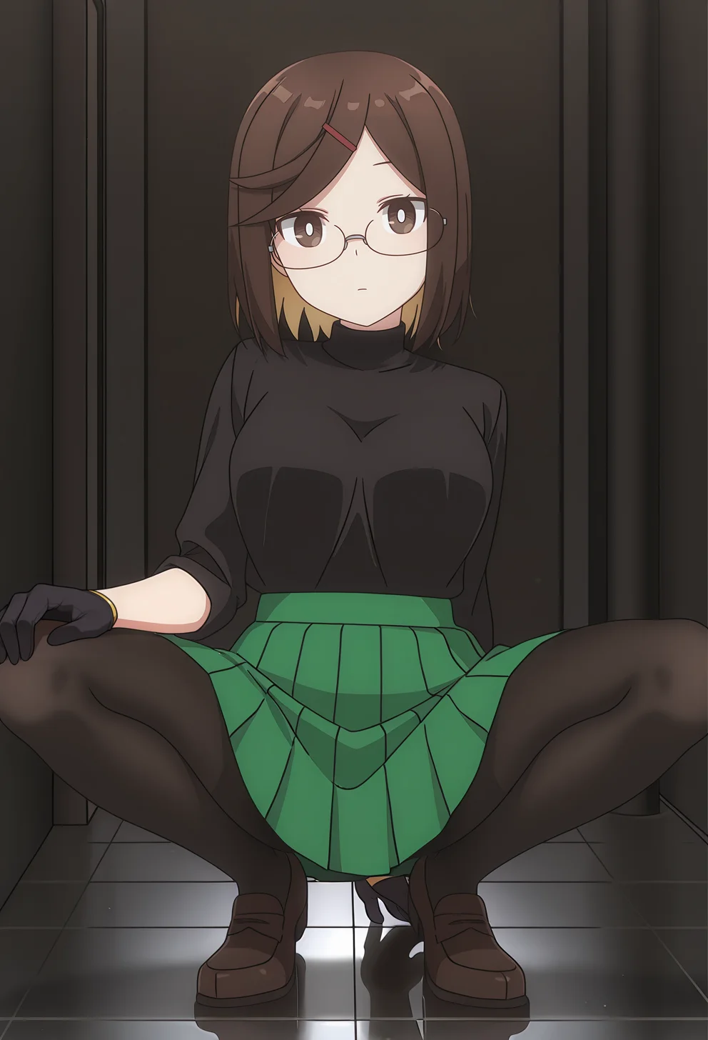 masterpiece,best quality,
<lora:Koga_Konoha_v1.0_Illustrious-000040:1>,
Koga Konoha,brown eyes,brown hair,
hairclip,pleated skirt,black pantyhose,black gloves,glasses,green skirt,black shirt,turtleneck,brown footwear