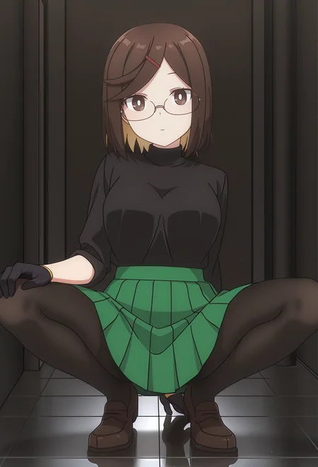 masterpiece,best quality,
<lora:Koga_Konoha_v1.0_Illustrious-000040:1>,
Koga Konoha,brown eyes,brown hair,
hairclip,pleated skirt,black pantyhose,black gloves,glasses,green skirt,black shirt,turtleneck,brown footwear