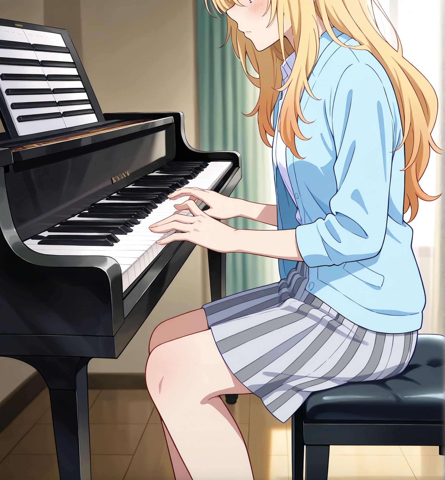 masterpiece, best quality, newest, absurdres, highres, detailed eyes, beautiful, detailed background, perfect eyes, anime coloring, anime screencap,
<lora:Erotic_Pianist:0.7> Erotic_ianistV1,
1girl,piano,instrument,breasts,
solo,sitting,piano bench, head out of frame,faceless female, 
play piano, hands on keyboard \(instrument\), from side, 
BREAK   
Shigatsu wa Kimi no Uso,
Miyazono Kaori,