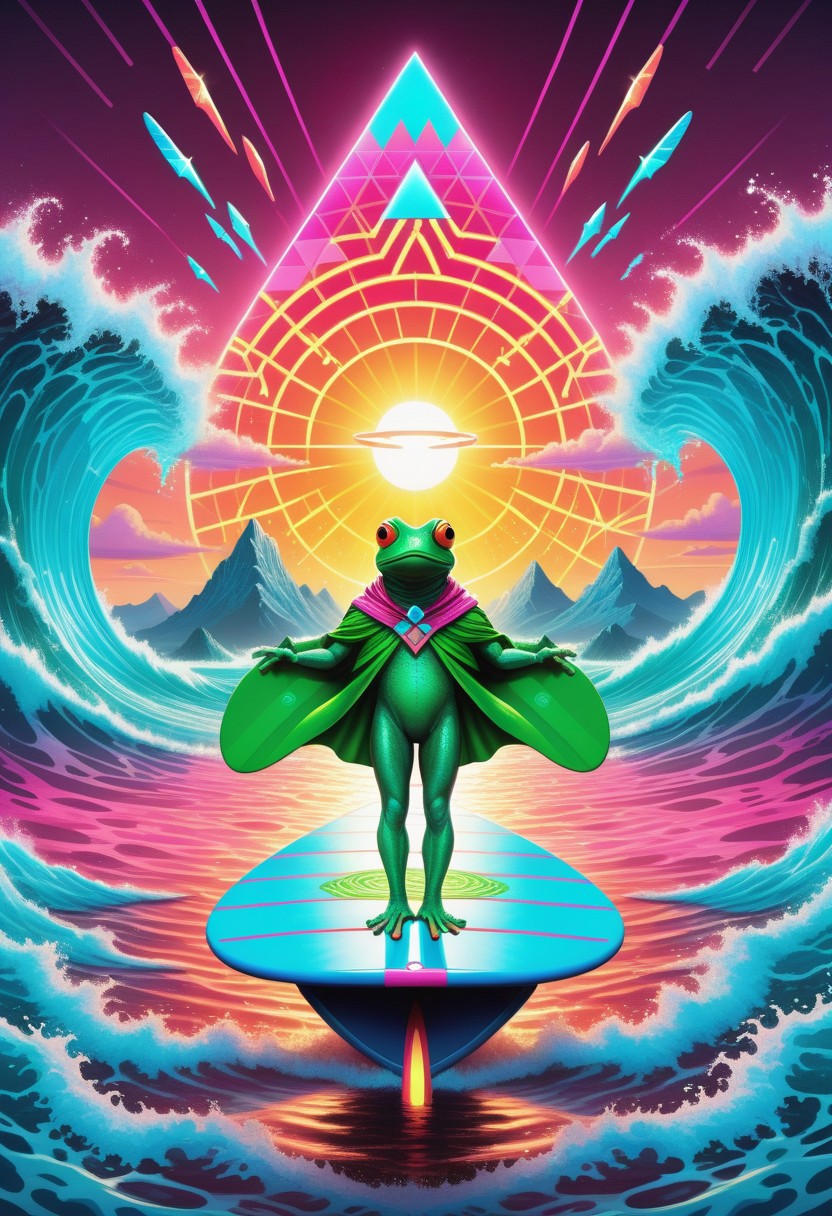 A surreal scene featuring a Quantum-Pickle Frogsurfer, a humanoid frog with slick, green, semi-translucent skin resembling pickles, balancing effortlessly on a glowing quantum energy surfboard. The surfboard emits trails of neon pink and cyan light, warping space-time around it with rippling, kaleidoscopic effects. The frog wears retro-futuristic shades, a neon headband, and a billowing vaporwave-patterned cape. The background is a swirling ocean of liquid rainbows, punctuated by floating geometric shapes and glowing pyramids. Above, a gridline sunset in vibrant magentas and oranges radiates retro-futuristic vibes. The atmosphere is absurd and dreamlike, with bright, high-contrast colors and a playful, surreal tone. Style is vivid vaporwave surrealism, blending clean geometric lines with organic absurdity.