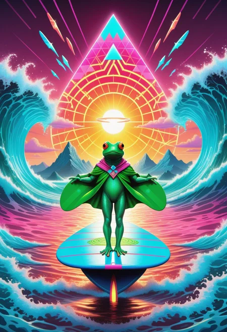 A surreal scene featuring a Quantum-Pickle Frogsurfer, a humanoid frog with slick, green, semi-translucent skin resembling pickles, balancing effortlessly on a glowing quantum energy surfboard. The surfboard emits trails of neon pink and cyan light, warping space-time around it with rippling, kaleidoscopic effects. The frog wears retro-futuristic shades, a neon headband, and a billowing vaporwave-patterned cape. The background is a swirling ocean of liquid rainbows, punctuated by floating geometric shapes and glowing pyramids. Above, a gridline sunset in vibrant magentas and oranges radiates retro-futuristic vibes. The atmosphere is absurd and dreamlike, with bright, high-contrast colors and a playful, surreal tone. Style is vivid vaporwave surrealism, blending clean geometric lines with organic absurdity.