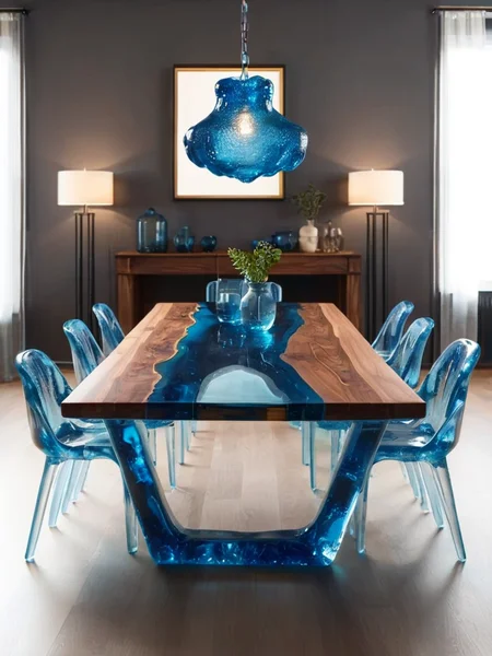 a big table made of ral-blueresin and walnut wood, in a cozy diningroom <lora:ral-blueresin-sdxl:1>