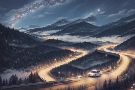 cars racing at night in mountains roadway scenario, near mist, cloudy starry night, Blue moon , kawaii <lora:add_detail:1> <lora:offset_0.2:1> <lora:DaVinciTech:0.4> <lora:KawaiiTech:0.6> <lora:DarkSpheraStyle:0.2>