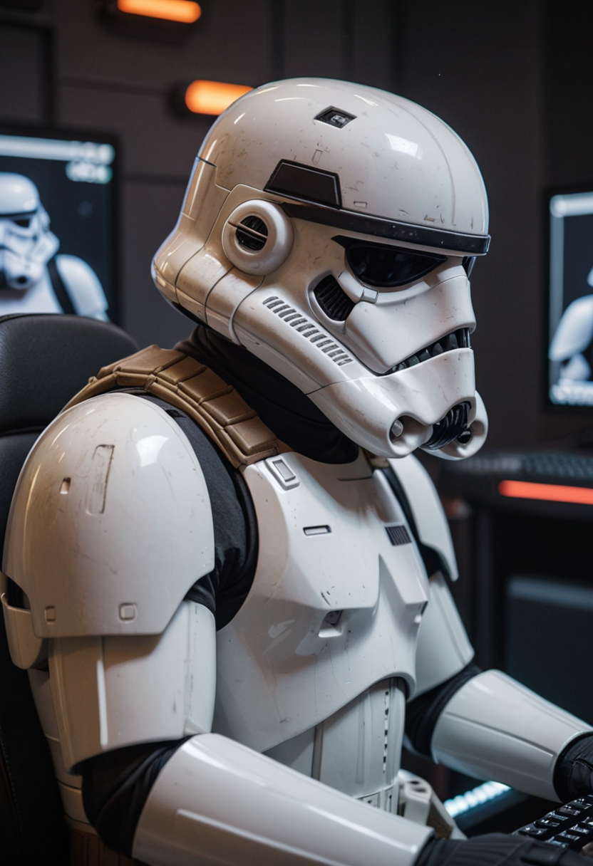 A photo of a (stormtrooper:1.3), playing CS:GO, in front of a gaming PC setup, (intense focus:1.2), wearing a white armor, with computer screen reflecting on helmet visor, keyboard and mouse in view, modern gaming chair, dimly lit room, Star Wars-themed peripherals, in-game graphics visible, 4K resolution, detailed texture of armor, sharp contrast, vibrant screen colors, Canon EOS 5D Mark IV, 1/125s, f/4, ISO 800, action-packed environment, gaming in a galaxy far, far away,, <lora:RMSDXL_Enhance:1>, <lora:RMSDXL_Creative:1.5>