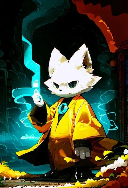 zuppu11, full body, solo, furry, score_9, score_8_up, look at viewer, male focus, no humans, furry male, flux-style, detailed eyes, yi, yellow coat, coat long sleeves, wide sleeves, robe, haori, body suit, white fur, green ring on chest, animal ears, furry, furry male, black eyes, body fur, no mouths, fangs, holding long glowstick on left hand