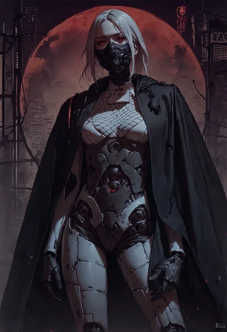 score_9, score_8_up, score_7_up,  source_anime, (bulky design), ((mechanical body, neon face mesh, mesh mask, fully white body)), night, detailed background, realistic, black cloak, bright background, red moon in background, astral, long white hair  <lora:pony/twilight_style:0.8> <lora:pony/alien_concept_art:0.3> <lora:sdxl/sinfully_stylish_sdxl:0.4>