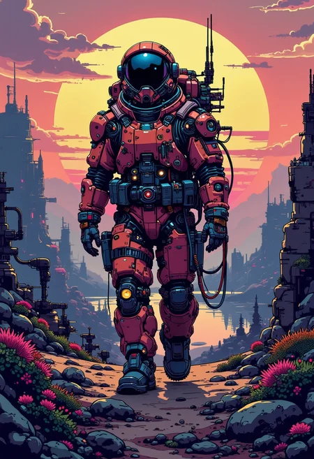 <lora:ck-nc-pastel-cyberpunk:1.2> A digital artwork in the style of cknc, A fighter pilot wearing a space suit, walking on a planet, scenery and a lake in background, sunrise.