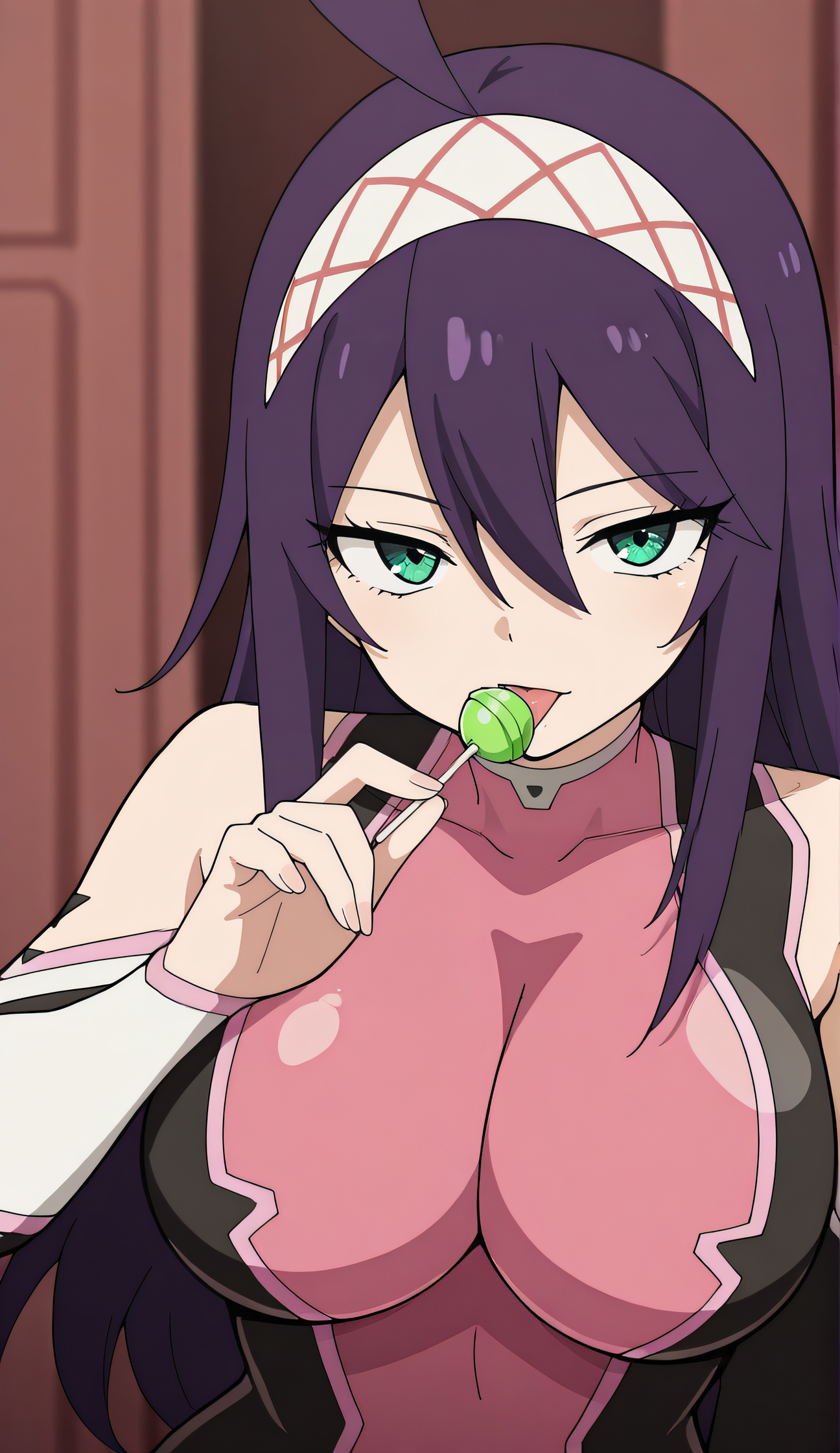 masterpiece, best quality, highres, newest, 1girl, official style, anime screncap, <lora:IL_Maria_Slime:1>, mariaslime, purple hair, large breasts, bodysuit, looking at viewer, indoor, lollipop, five fingers, upper body, licking