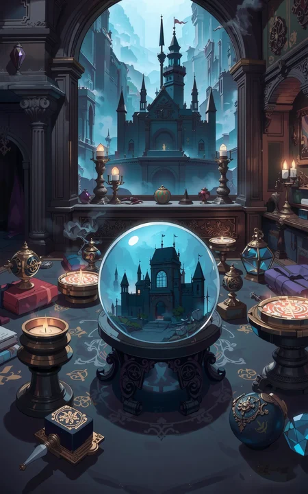 A magical table filled with mystical artifacts,at the center sits a glowing crystal ball. Inside the crystal ball,a dark,ominous ancient castle is vividly displayed,surrounded by swirling mist and faint glimmers of magical energy. The scene is rich in fantasy style,with intricate details,enchanted symbols carved on the table,and a dim,mysterious ambient light that enhances the magical atmosphere.,<lora:fca_style_3_4:1>,Flat colour anime style image showing,