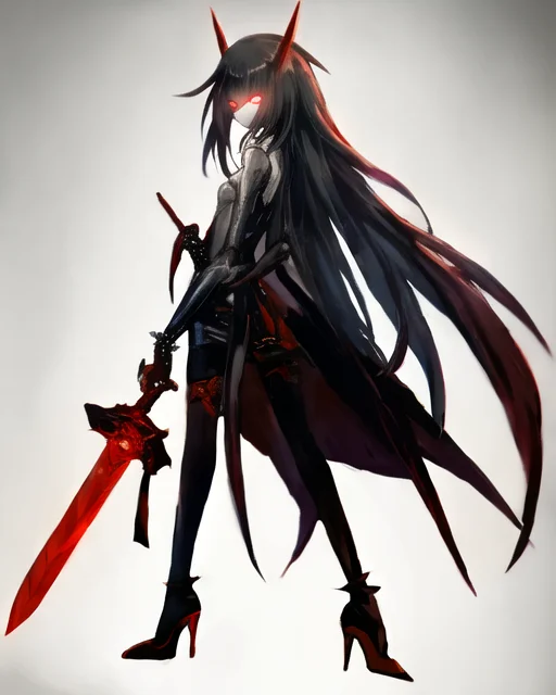 arms behind back, by k-suwabe, glowing eye, grey background, high heels, looking at viewer, red eyes, robot, simple background, solo, spikes, standing, sword, unsheathed, weapon<lora:ksuwabe-v1-6k-lora:2>