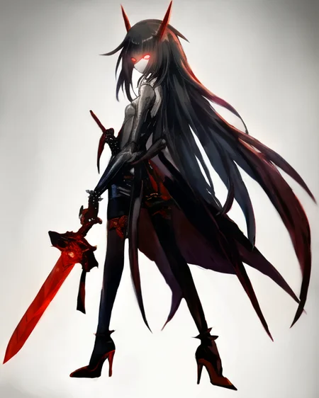 arms behind back, by k-suwabe, glowing eye, grey background, high heels, looking at viewer, red eyes, robot, simple background, solo, spikes, standing, sword, unsheathed, weapon<lora:ksuwabe-v1-6k-lora:2>